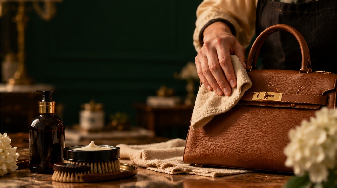 Hands in an apron buffing a tan grained-leather handbag with a soft cream cloth, beside an amber glass bottle, an open jar of leather cream and two bristle brushes on a tray